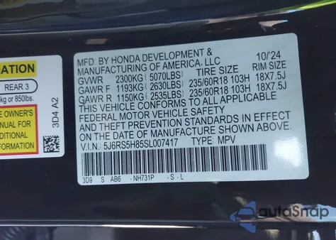 2025 Honda Cr-V Hybrid Sport-L from USA, damaged, VIN 5J6RS5H85SL007417